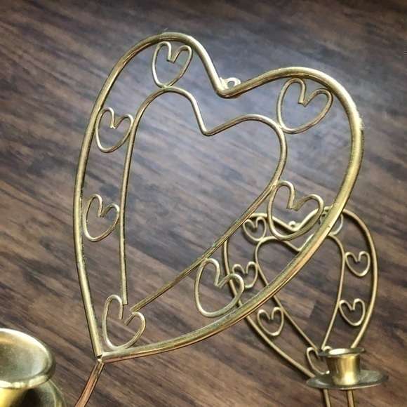 Vintage / Antique Cottagecore Heart Shaped Brass Candle Holder Sconces Decor Set - Picture 7 of 11